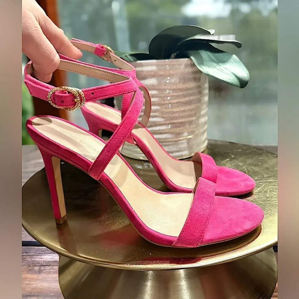 Stuart Weitzman Crystal Buckle 95 Suede Sandal Heels Size 8.5